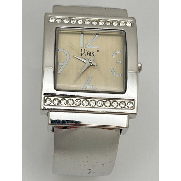 Vivani Womens Silver Tone Cuff Watch Bracelet Bangle Rhinestone Accents - Picture 4 of 8